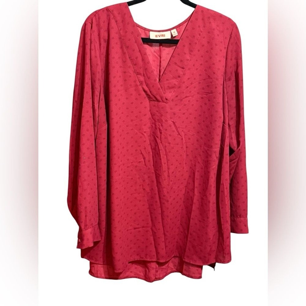 EVRI Womens‎ 1X Berry Pink Floral Dotted V-Neck Long Sleeve High-Low Blouse